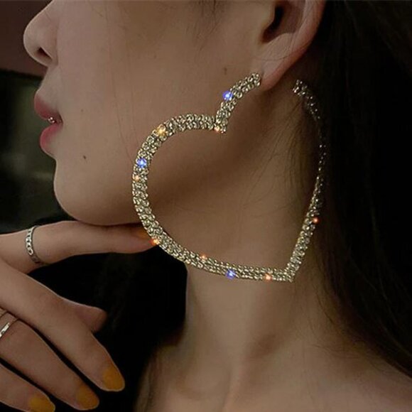 Silver Crystal Rhinestone Big Heart Fashion Statement Hoop Earrings - Picture 6 of 9